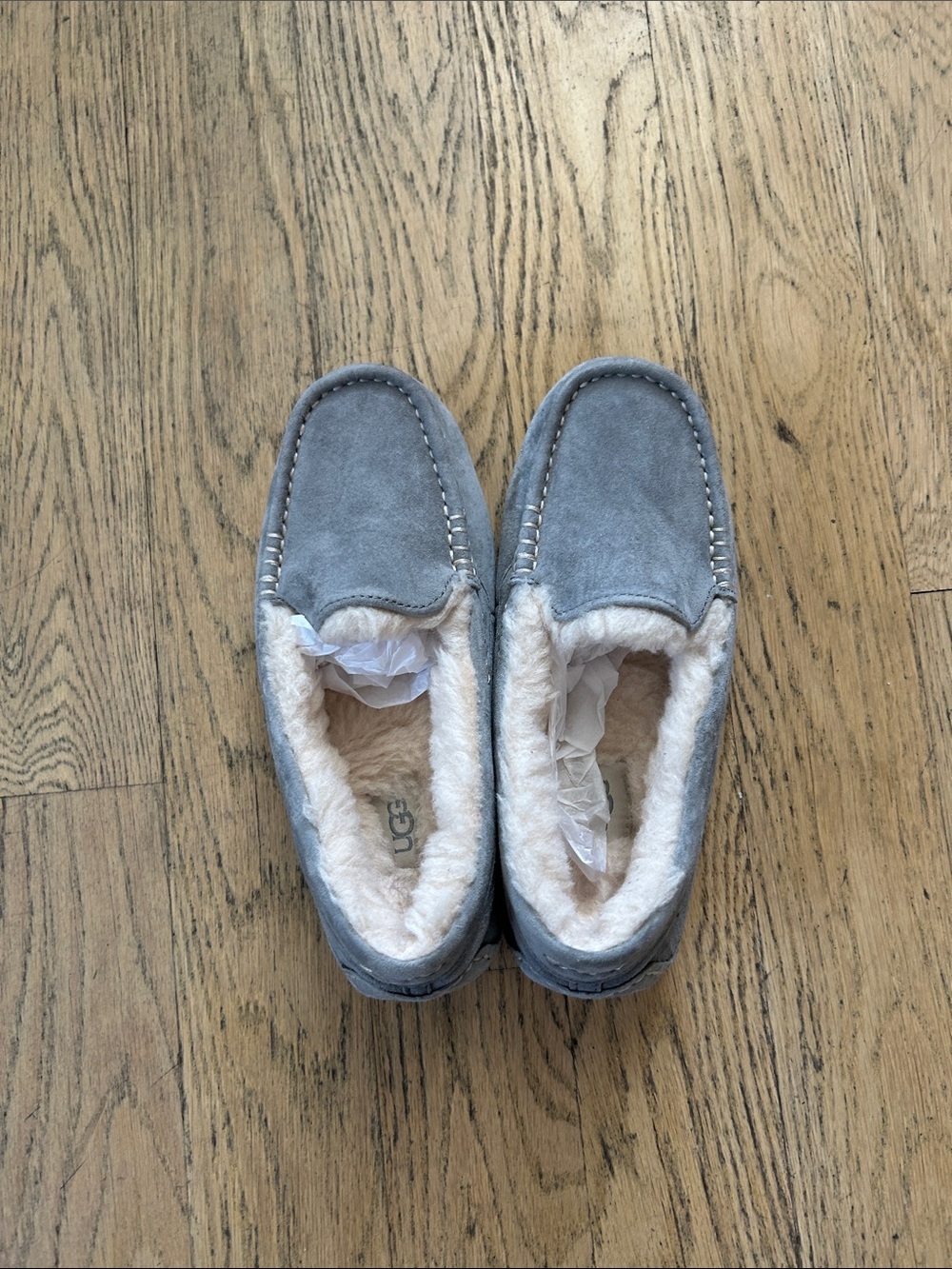 UGG Light Gray Suede Cozy Shearling Moccasins